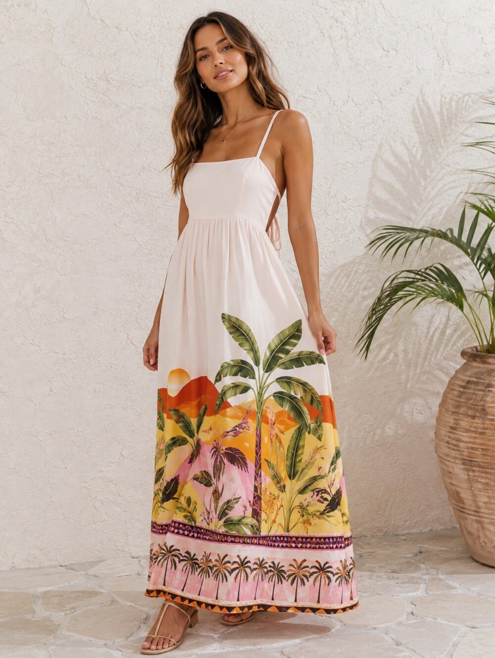 Paper Heart Tropical Sunset Toucan Print Tie-Back Long/ Maxi Dress Size S